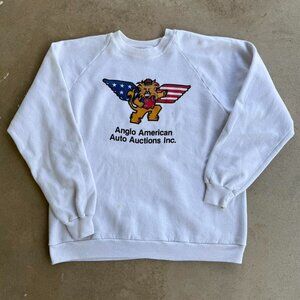 90s ANGELO AMERICAN AUTO AUCTIONS WHITE VINTAGE GRAPHIC CREWNECK SWEATER